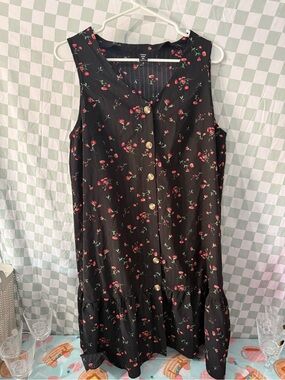 SHEIN Black Sleeveless Button-Front Dress with Red Floral Print